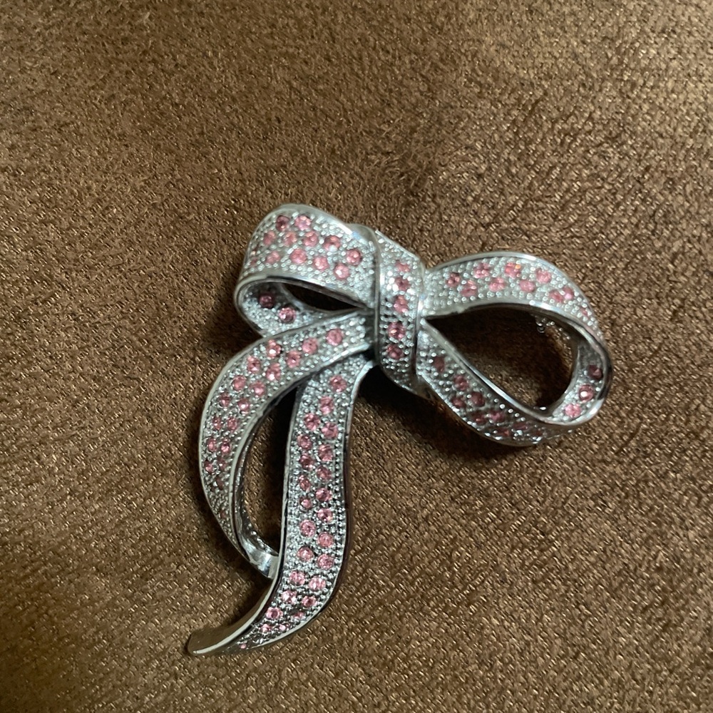 Vintage Silver and Pink Rhinestone Bow Brooch